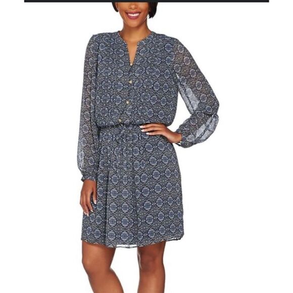 C. Wonder Navy Geometric Chiffon Pleated blue casual Dress medium - Picture 1 of 7